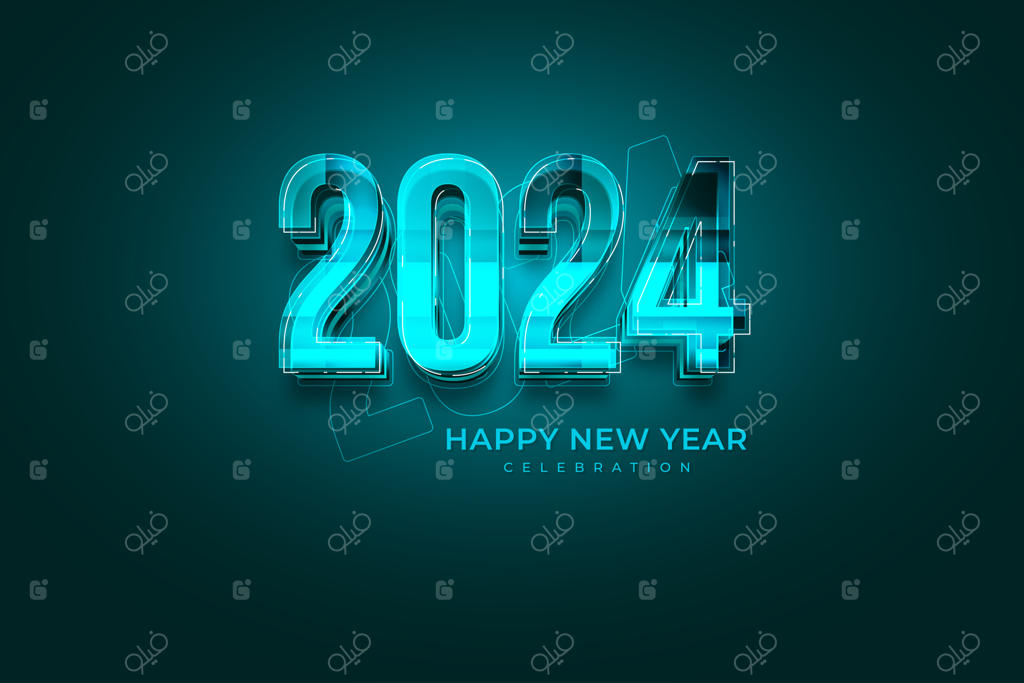 متن سه بعدی و سینمایی «سال نو ۲۰۲۴ مبارک» با درخشش آبی فیروزه‌ای، مناسب برای بنر و پوستر