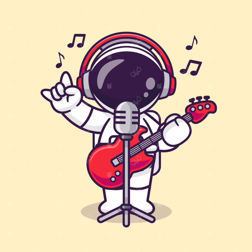 تصویرسازی وکتور و آیکون کارتونی فضانورد بامزه در حال آواز خواندن با میکروفون و گیتار