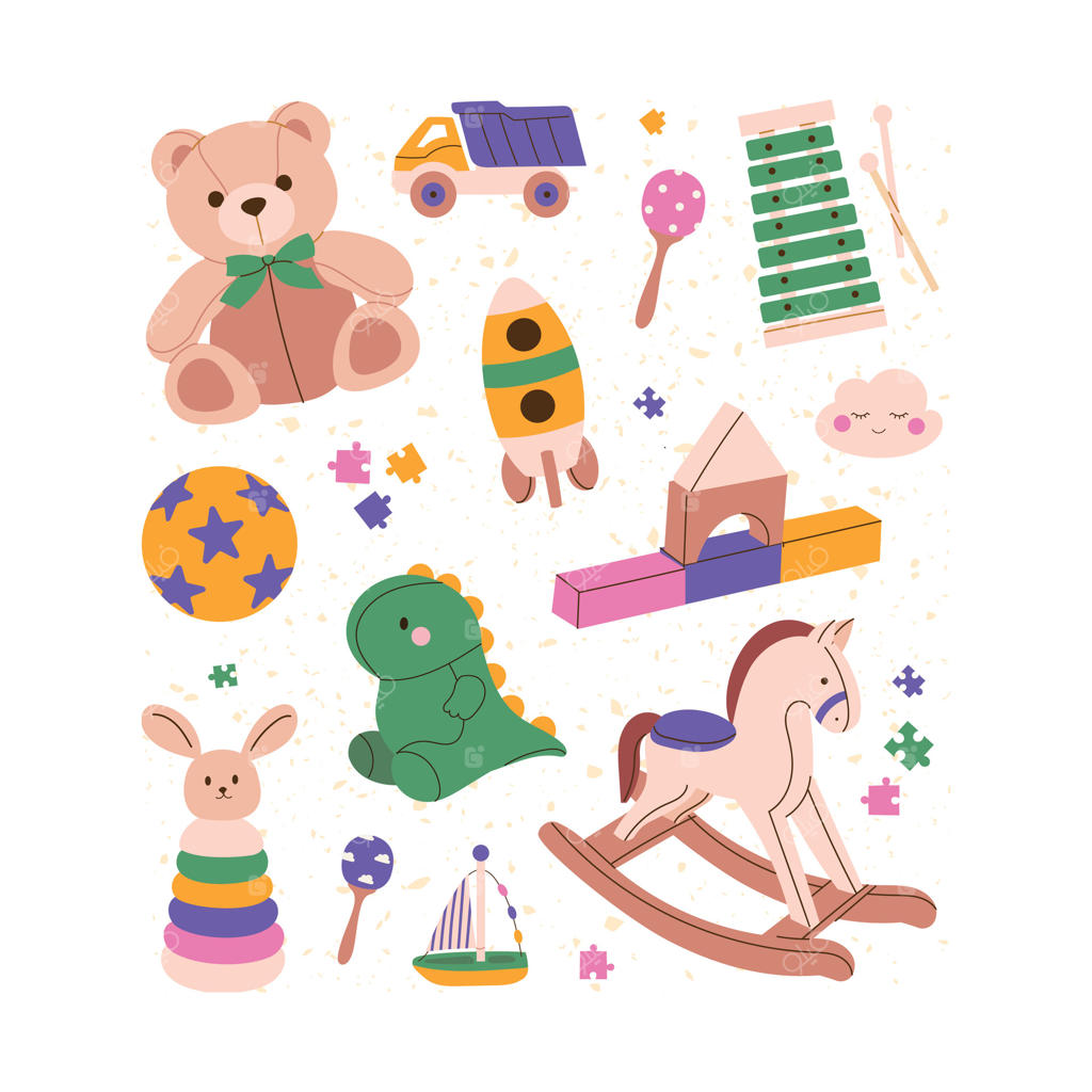 مجموعه وکتور حرفه‌ای اسباب‌بازی‌های رنگارنگ و سرگرم‌کننده کودکان