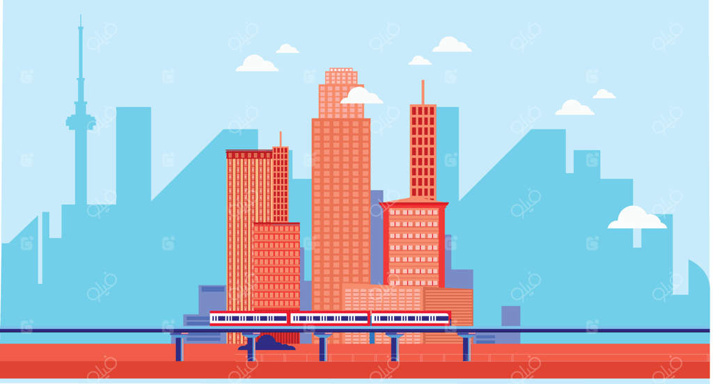 تصویرسازی مسطح و استایلیزه از شهر با ساختمان‌ها، درختان، بوته‌های باغ و عناصر تزیینی؛ طراحی شهری، مدرن و پویا.