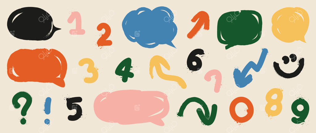 مجموعه‌ای از عناصر نقاشی دستی - وکتورهای تزیینی: مجموعه‌ای از فلش‌های رنگارنگ، حباب‌های گفتار و نمادها با نقاشی قلم‌مو بر روی زمینه سفید گرم. طراحی مناسب برای تاتو، استیکر، چاپ و آثار هنری.