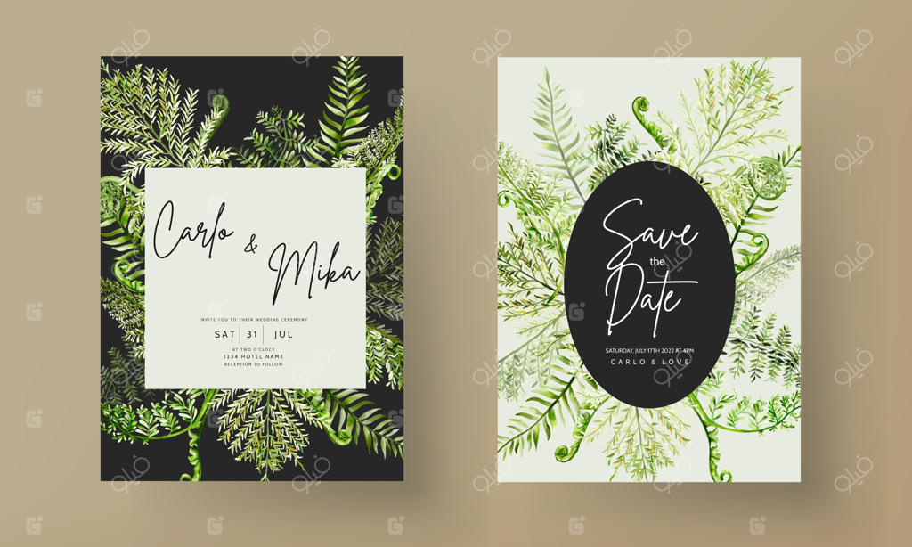 قالب دعوتنامه عروسی شیک با برگ‌های سرخس آبرنگی سبز