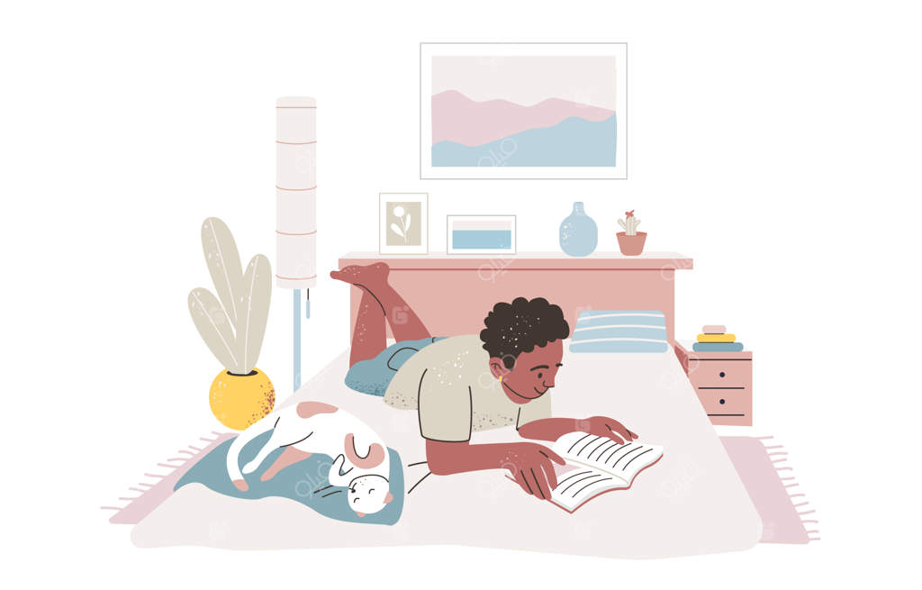 مرد جوانی در تخت با گربه‌اش استراحت می‌کند و کتاب می‌خواند - فردی آفریقایی-آمریکایی که در خانه کتاب می‌خواند - تصویرسازی تخت رنگی بر روی پس‌زمینه سفید