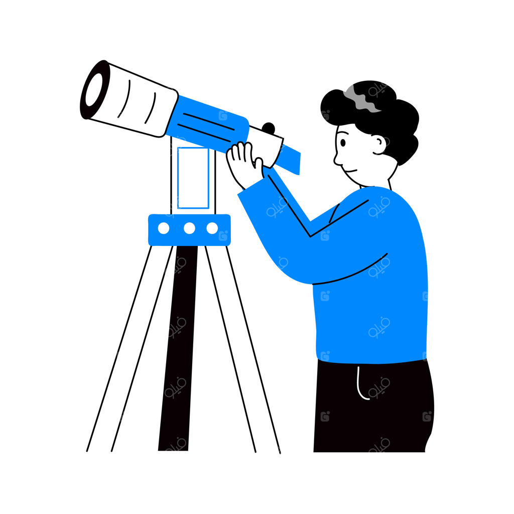 تصویرسازی خوش‌طرح از مردی که با تلسکوپ در حال رصد هلال ماه عید است.