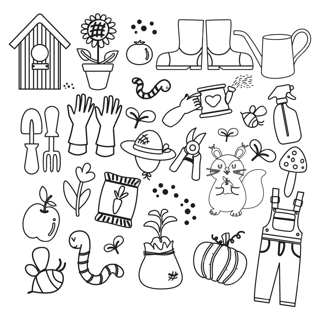 مجموعه عناصر باغ به صورت طراحی خطی دستی