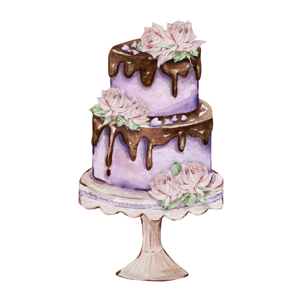 تصویرسازی آبرنگی برای روز ولنتاین: کیک بنفش با گل‌های رز و قلب‌ها