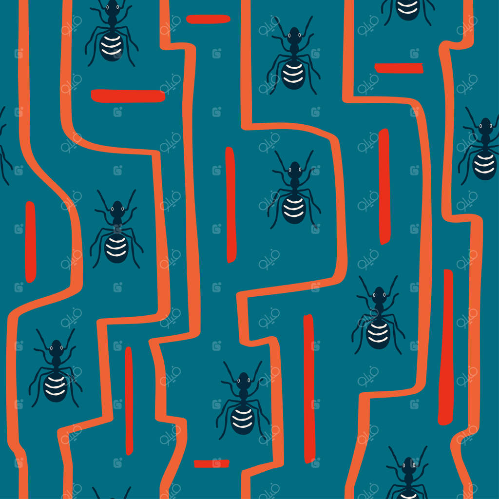 طرح طبیعی بی‌وقفه، جنگل، مورچه‌ها، خطوط عمودی انتزاعی، حشرات، پس‌زمینه آبی. وکتور،