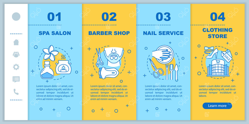 پترن صفحه راه‌اندازی اپلیکیشن موبایل خدمات زیبایی: مراقبت از بدن. مراحل آشنایی فروشگاه پوشاک، آرایشگاه، و سالن اسپا با تصاویر خطی. مفهوم رابط کاربری و تجربه کاربری برای گوشی هوشمند