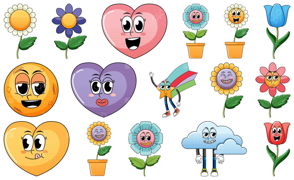 مجموعه‌ای از حالت‌های چهره با استایل کارتونی غذای قدیمی بر روی پس‌زمینه سفید