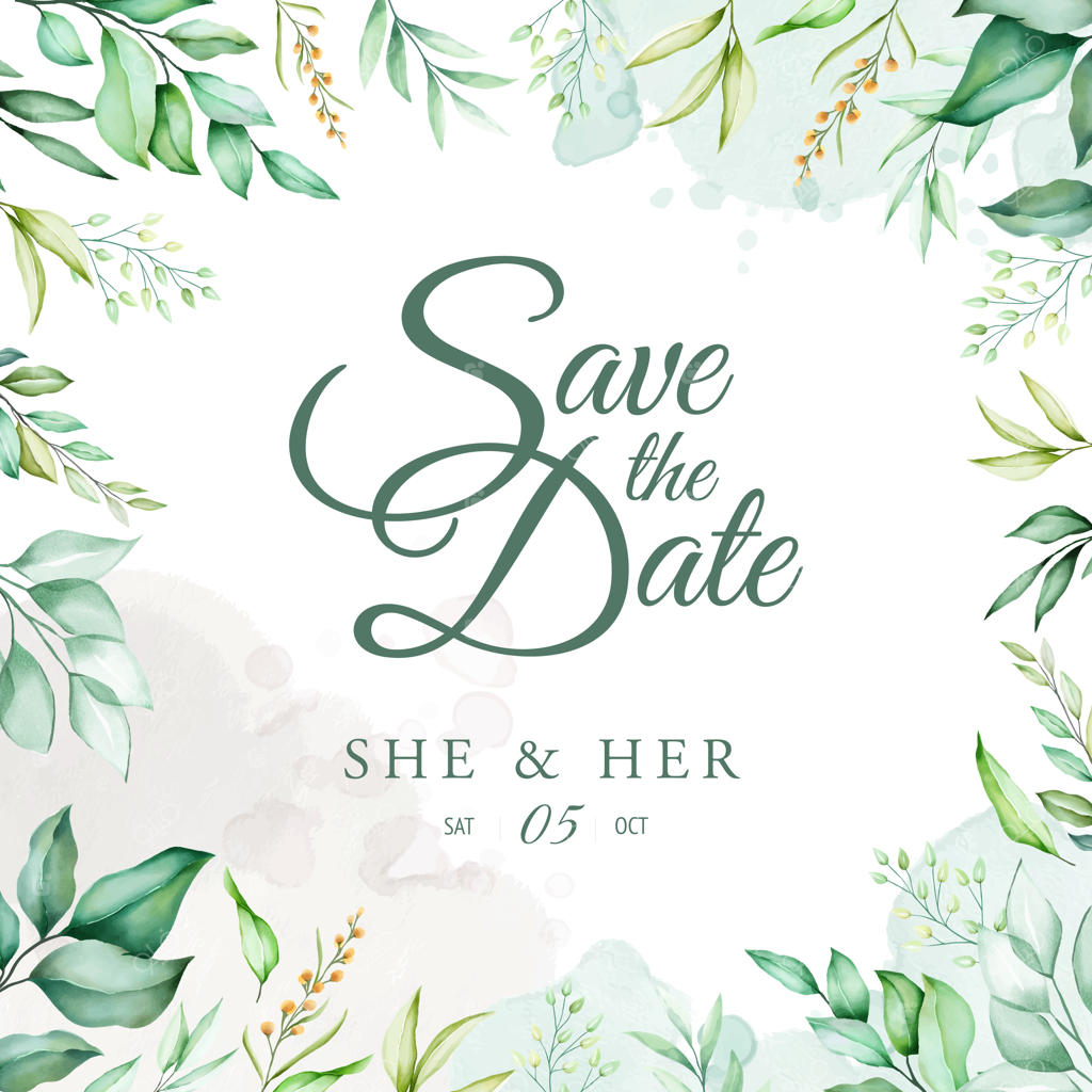 قالب کارت عروسی با طراحی زیبای برگ‌های سبز آبرنگی