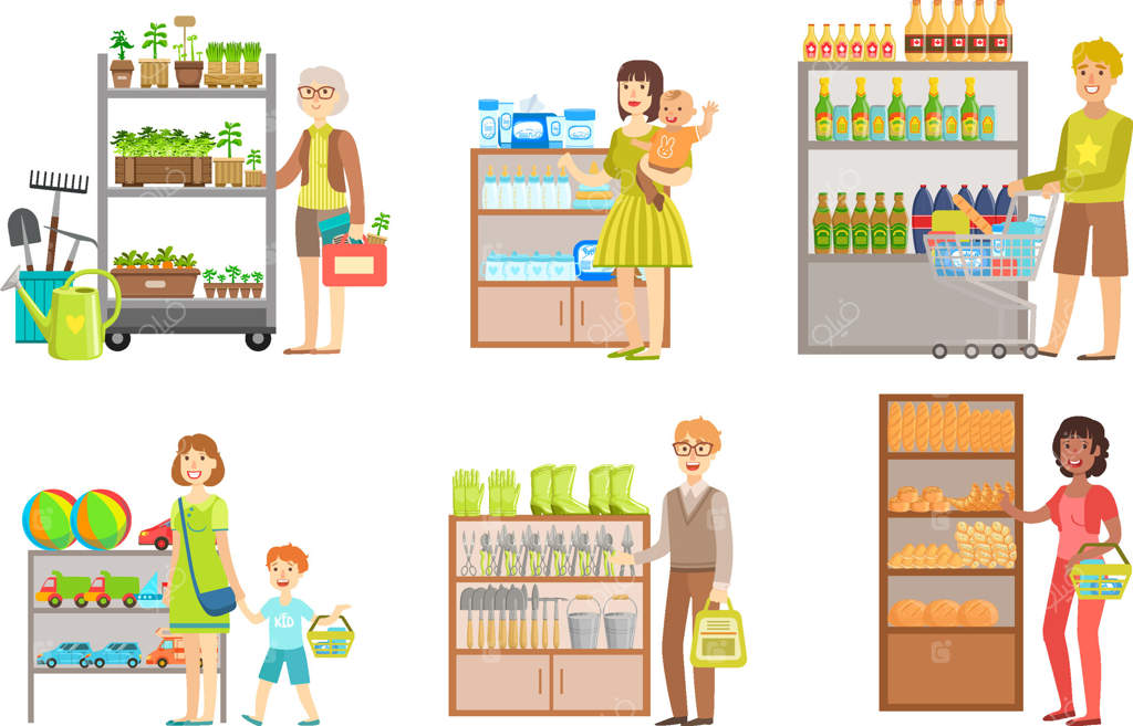 خرید مردم در سوپرمارکت: مردان و زنان در حال خرید محصولات آرایشی، مواد غذایی، اسباب بازی و تجهیزات باغبانی، تصویرسازی داخلی مرکز خرید