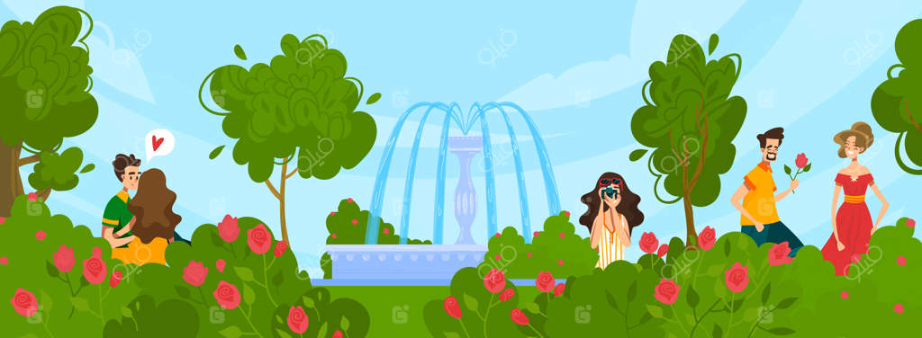 تصویری از پارک شهری با فواره و افرادی که در تابستان قدم می‌زنند.