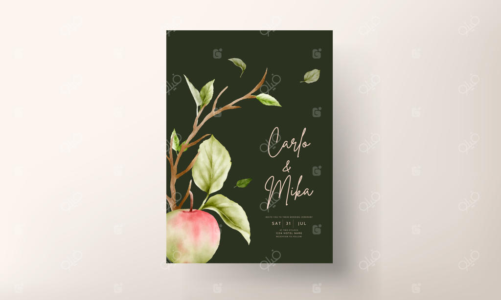 ست قالب دعوت‌نامه عروسی با طرح سیب آبرنگی و تزئینات گلدار