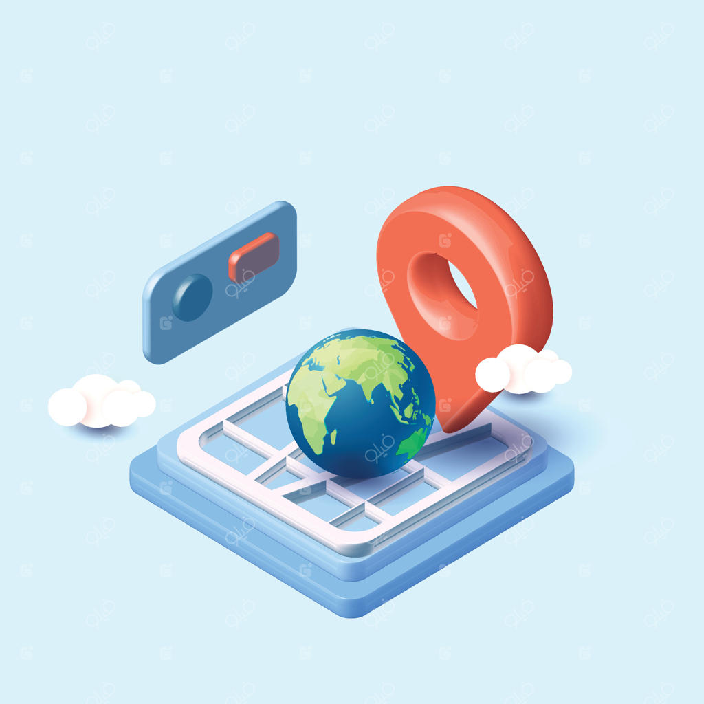مفهوم خرید آنلاین و خدمات تحویل اینترنتی: نقشه جهان سه‌بعدی با پس‌زمینه آبی و ابری، مکان‌یاب، نوار جستجو و پین قرمز.