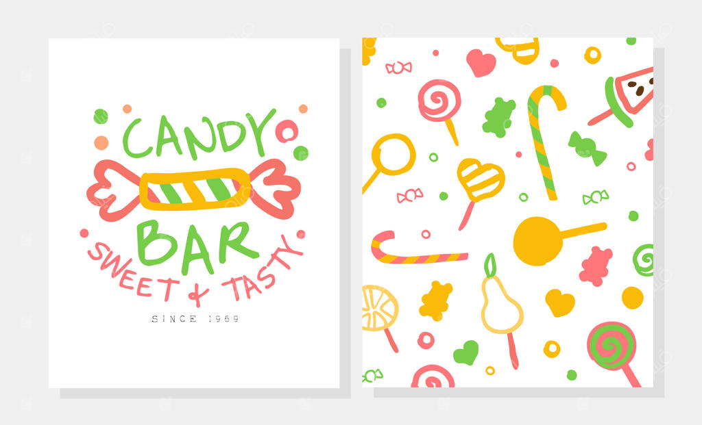 پترن کارت شکلات با طرح بی‌وقفه آب‌نبات‌های خوشمزه، طراحی کارتونی قنادی و کافی‌شاپ
