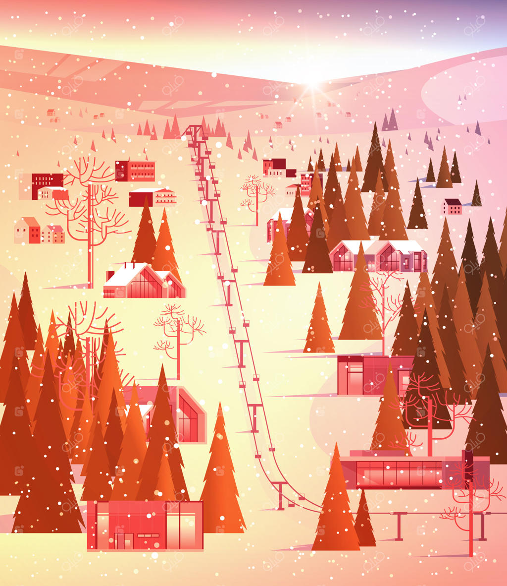 تله‌کابین در کوهستان‌های پوشیده از برف در منطقه‌ای با خانه‌های مسکونی - تعطیلات کریسمس و سال نو و تفریحات زمستانی در پیست اسکی