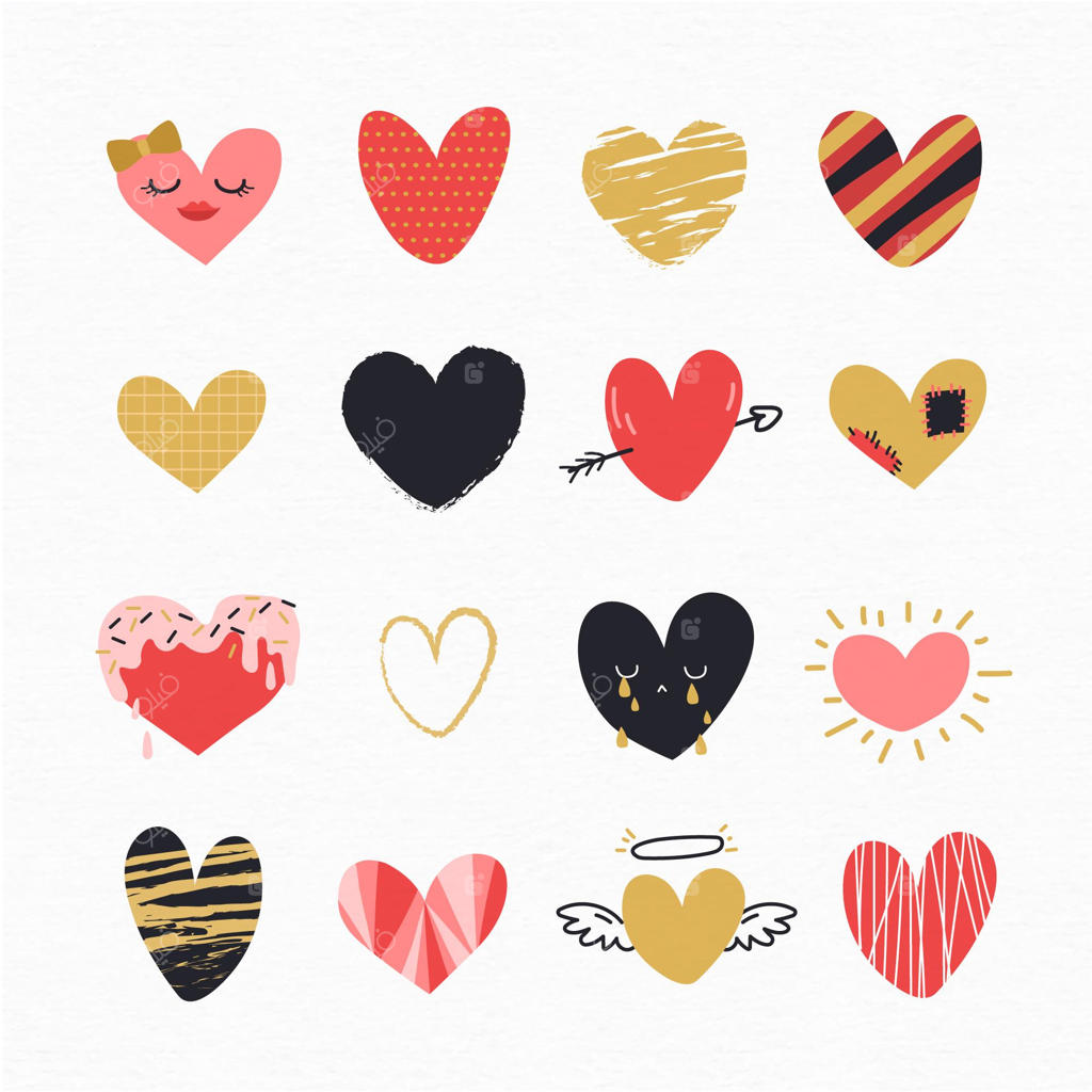 مجموعه‌ای از قلب‌های طراحی شده با دست