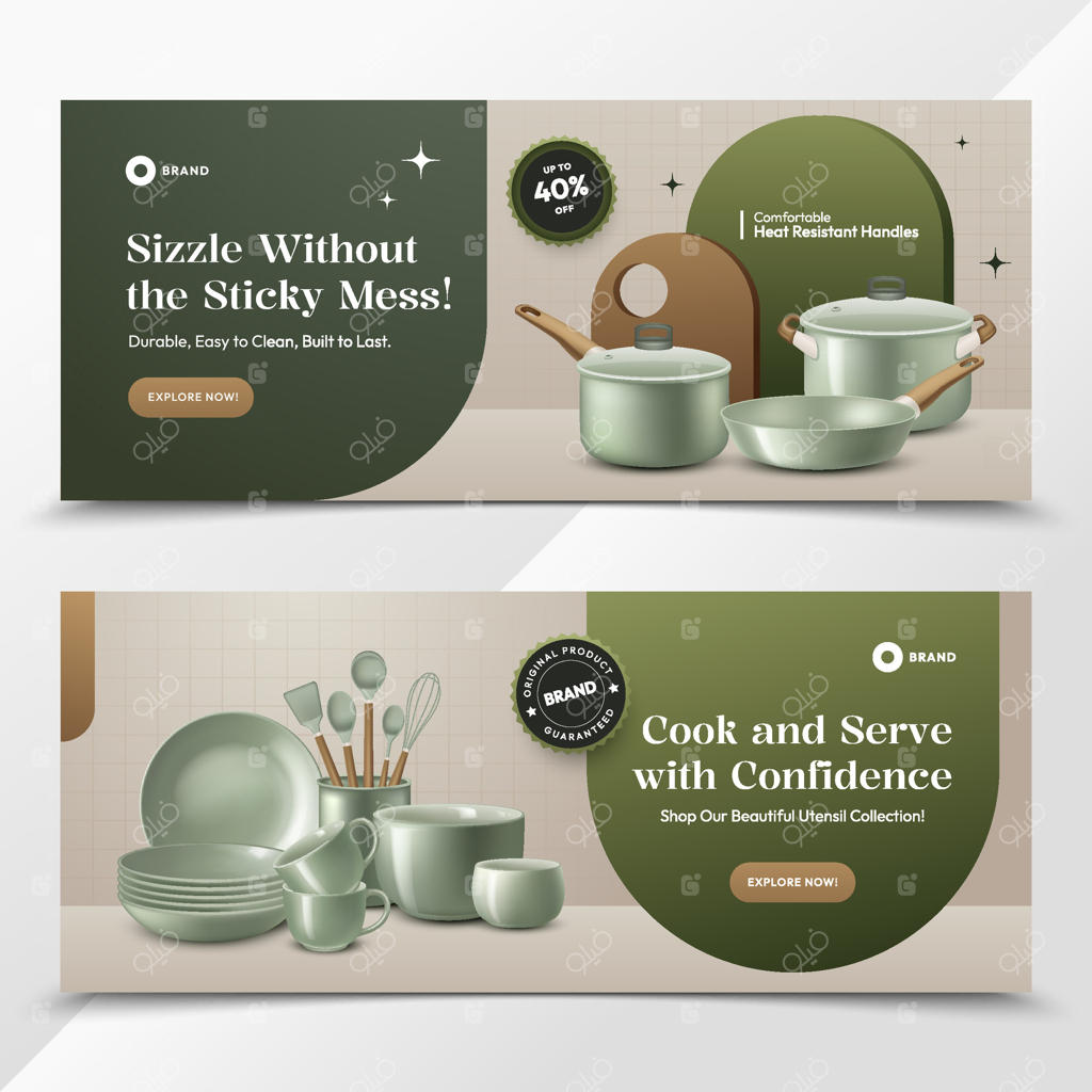 مجموعه بنر افقی لوازم آشپزخانه واقع‌گرایانه