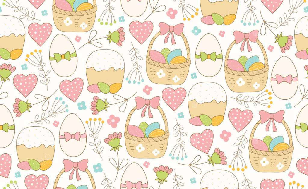 پترن یکپارچه عید پاک مدرن با تخم‌مرغ، گل‌های بهاری، قلب، سبد و روبان. طرح عید پاک شاد برای پس‌زمینه، پارچه کودکان، پوسترها، بنرها و کارت‌های تبریک. تصویرسازی
