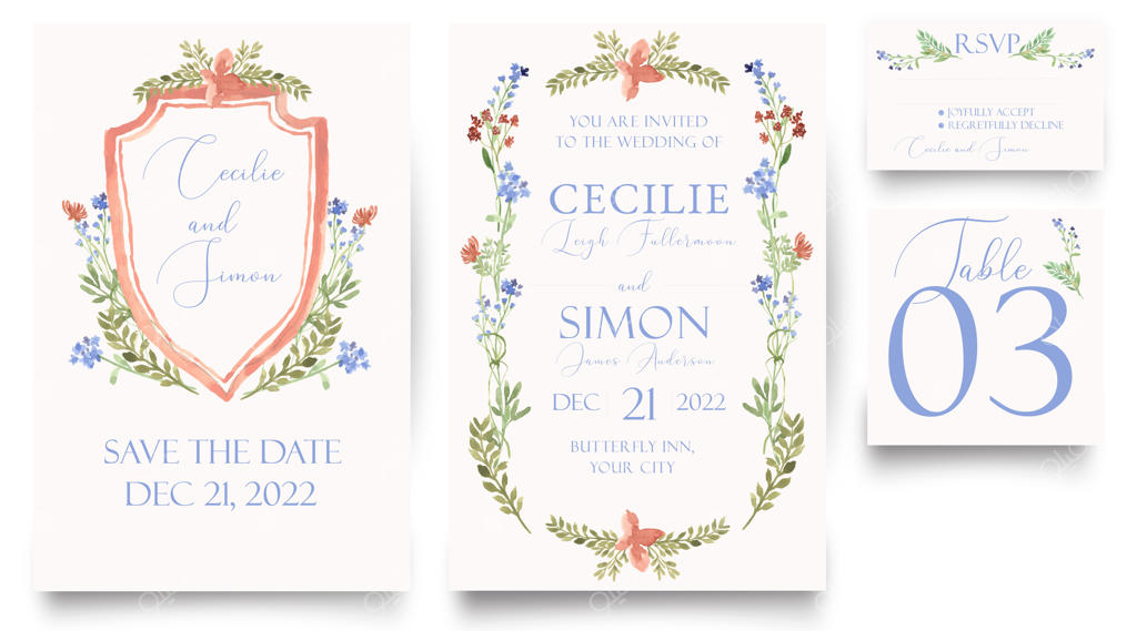 کارت دعوت عروسی تابستانی با طراحی نقاشی آبرنگی گل‌های آبی و زرشکی به همراه تاریخ مراسم