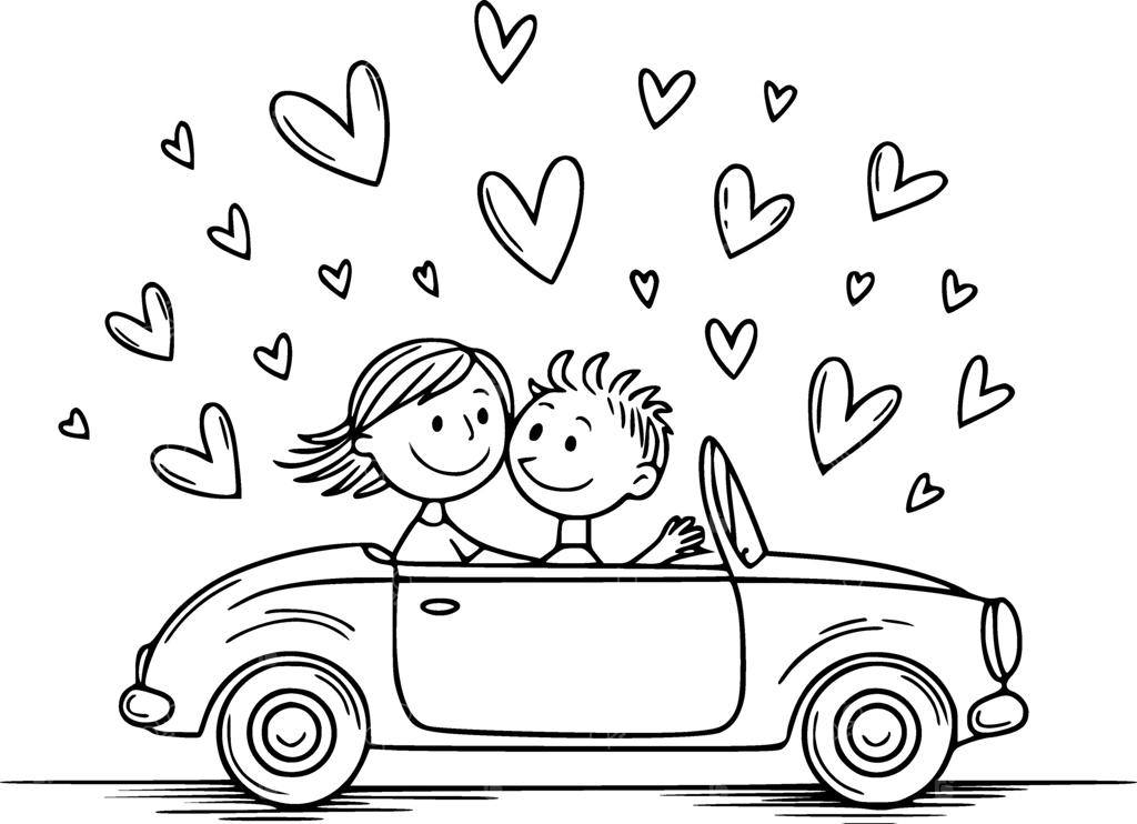 ماشین عروس کارتونی بامزه با یک زوج خوشحال