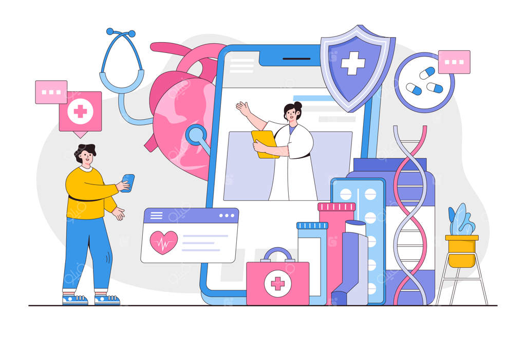 مفهوم دکتر آنلاین با شخصیت افراد: پزشک زن حرفه‌ای در حال مشاوره به بیمار از طریق تلفن هوشمند - پزشکی از راه دور و مراقبت‌های بهداشتی - تصویر برداری برای صفحه فرود