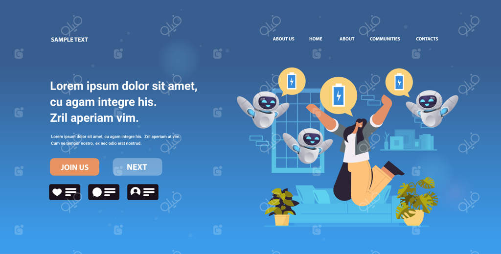 زن و ربات‌ها با باتری‌های شارژ شده و مفهوم فناوری هوش مصنوعی پرانرژی