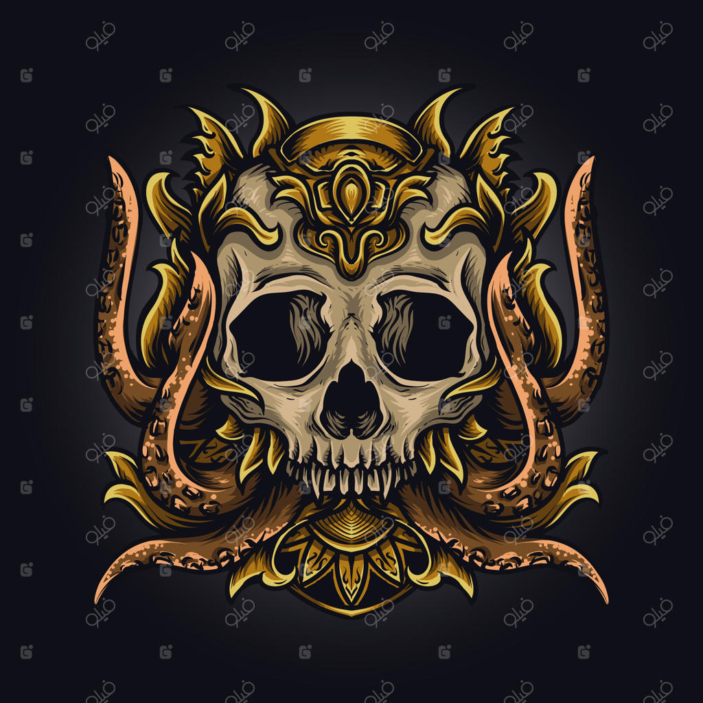 طراحی و تصویرسازی اثر هنری: جمجمه هشت‌پا روی تیشرت