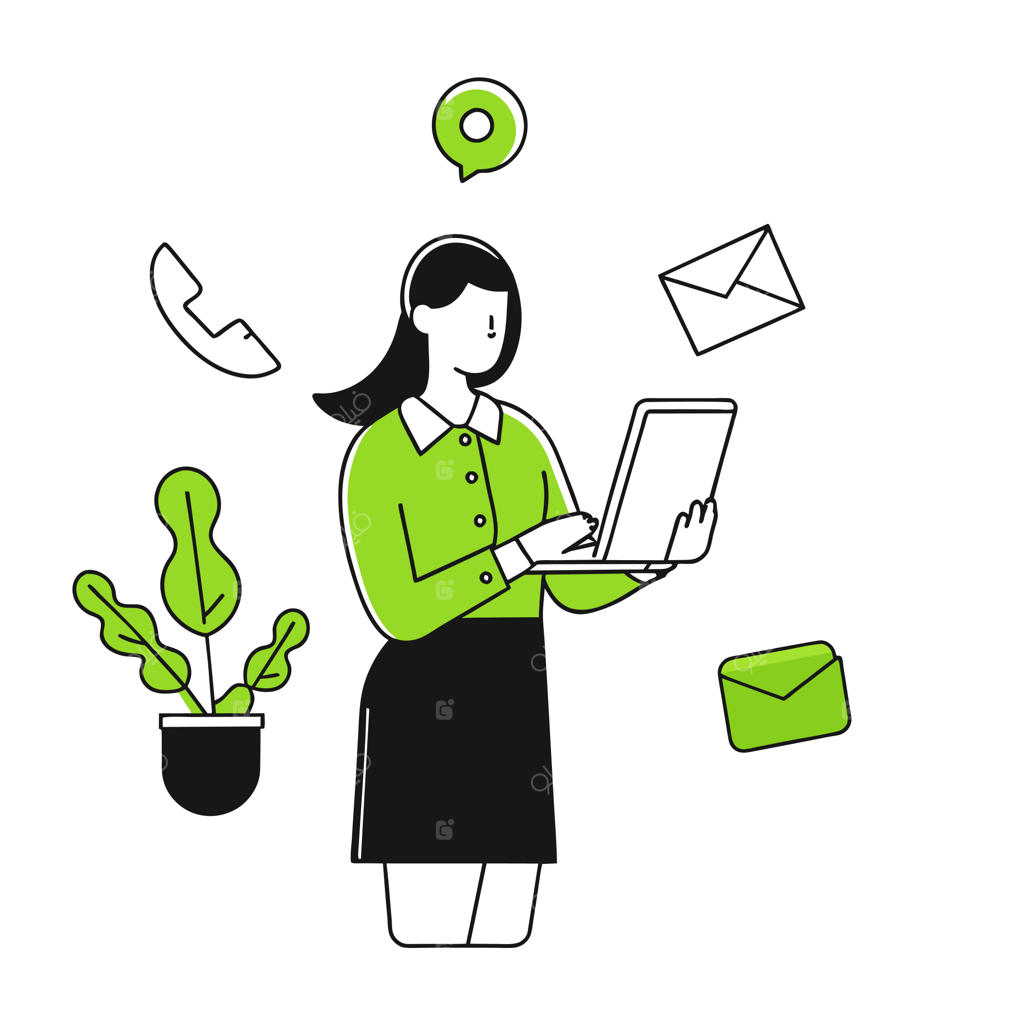 زنی با لباس سبز در حال کار با لپ‌تاپ و واژه ایمیل