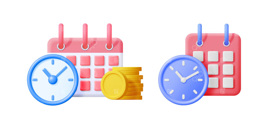 مفهوم مدیریت زمان: تقویم سه‌بعدی با ساعت و سکه. برنامه‌ریزی زمان و پول. مدیریت زمان و هزینه. ضرب‌الاجل، امور مالی.