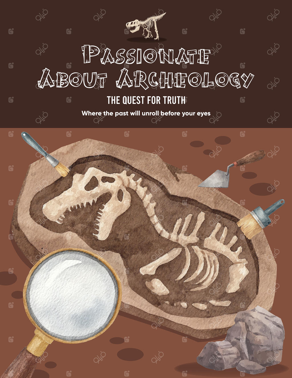 قالب پوستر با طرح دیرینه‌شناس فسیل‌ها به سبک آبرنگی