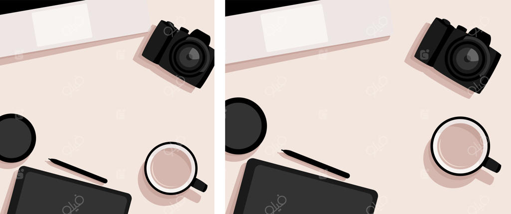 چیدمان از بالا با لپ‌تاپ، دوربین، تبلت و یک فنجان قهوه