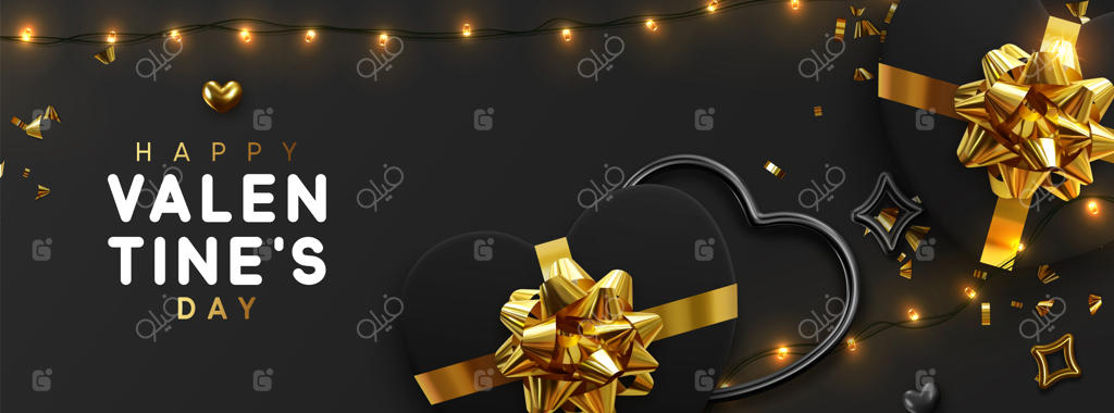 بنر روز ولنتاین: طراحی پس‌زمینه با نورهای درخشان، جعبه‌های مشکی لوکس با قلب‌های زیبا و پولک‌های طلایی براق. پوستر افقی برای تعطیلات، کارت تبریک و سربرگ وبسایت