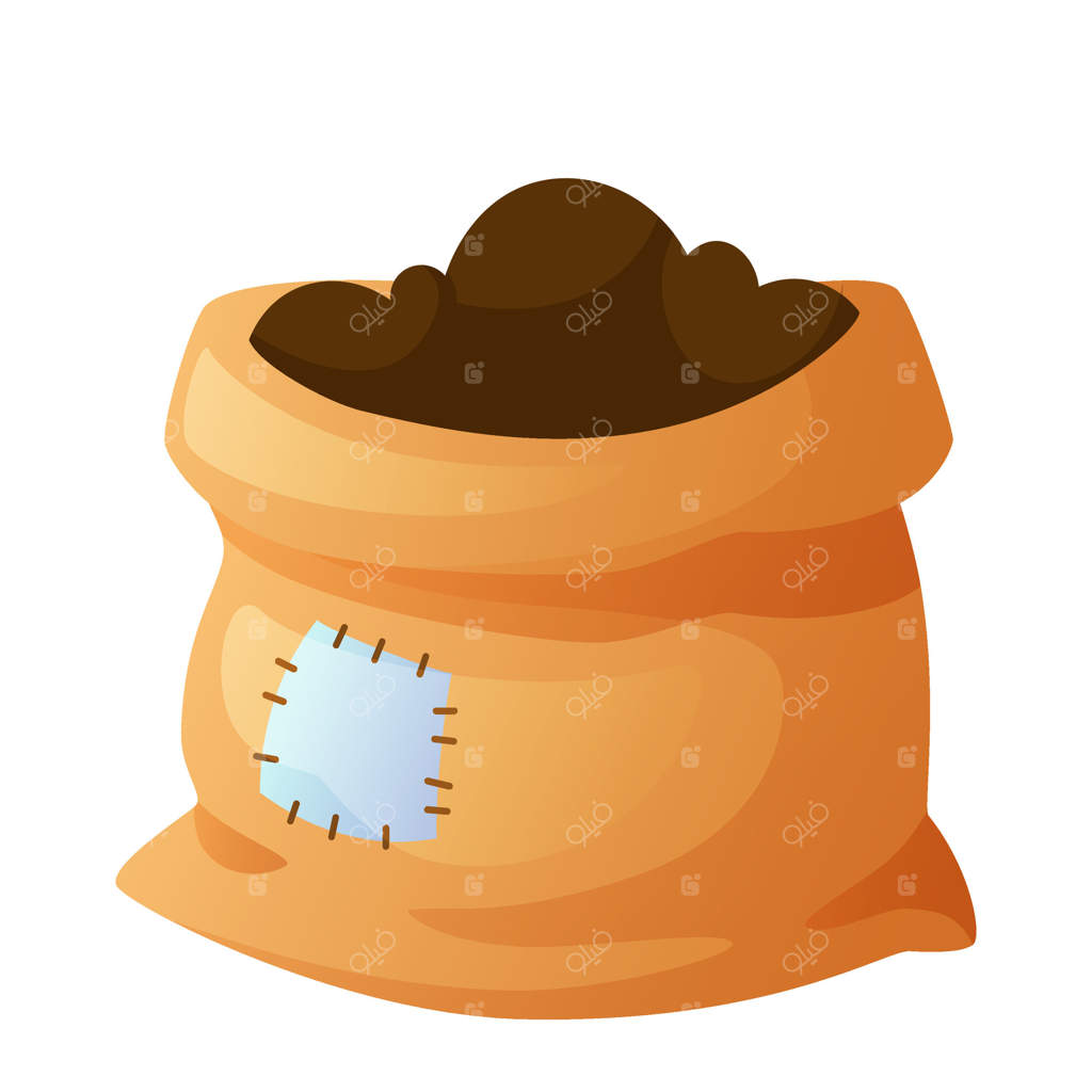 کیسه کنفی حاوی کمپوست، کیسه باز شده با خاک. تصویرسازی باغبانی و کشاورزی. تصویر کیسه‌ای حاوی خاک بر روی زمینه سفید.