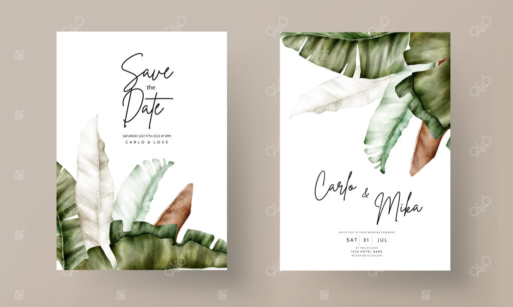 کارت دعوت عروسی شیک با طرح برگ های موز