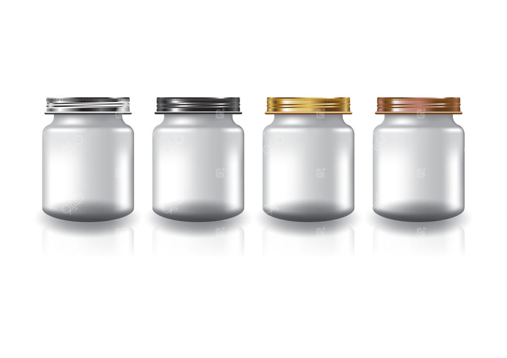 شیشه گرد شفاف با درب پیچی چهار رنگ برای مکمل‌ها یا مواد غذایی.