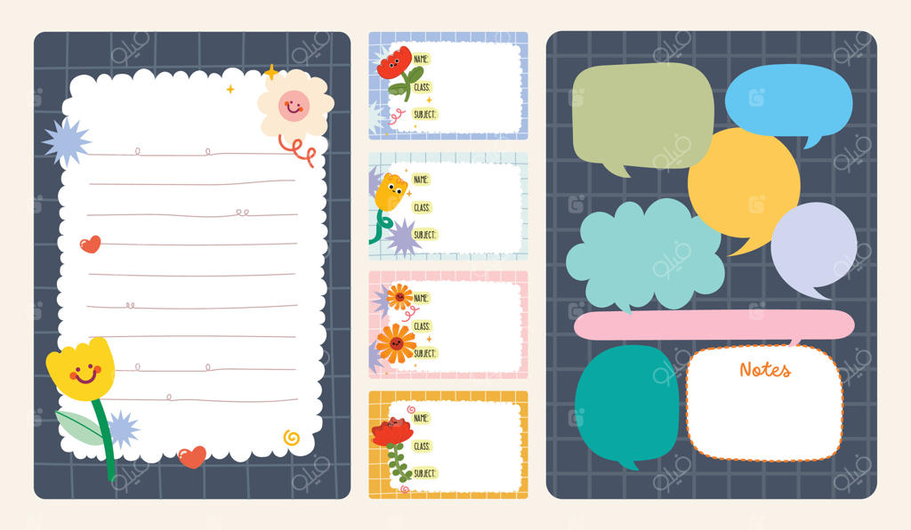 مجموعه عناصر جذاب برای ژورنالینگ با یادداشت‌های رنگارنگ، استیکرها، و برچسب‌ها، ایده‌آل برای اسکرپ‌بوکینگ، تزئین دفتر برنامه‌ریزی و هنرهای دستی خلاقانه و سرگرم‌کننده.