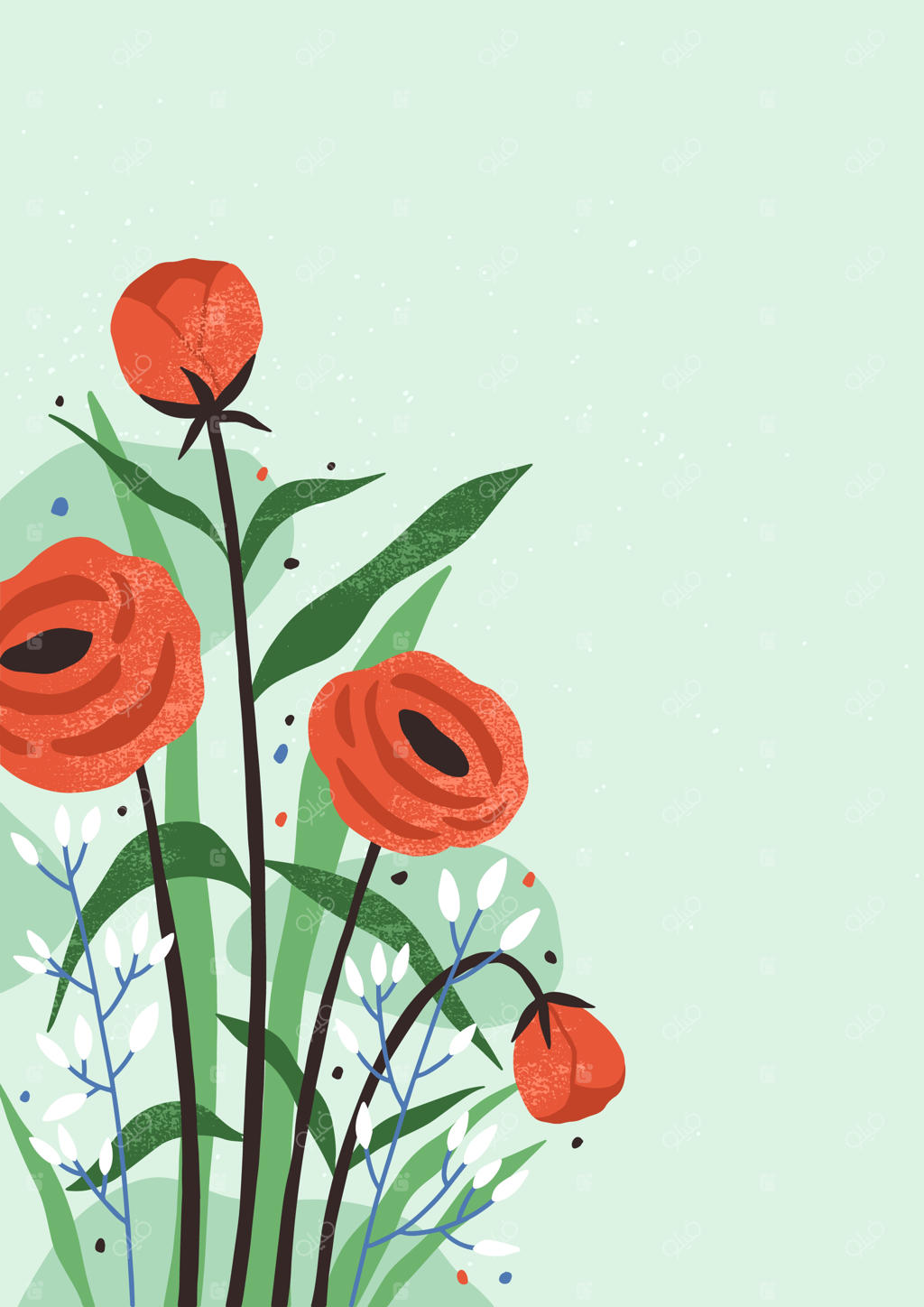 کارت عمودی با گل‌ها و برگ‌های شکوفا. پس‌زمینه گل‌دار با دسته گل ملایم بهاری. کارت عاشقانه با رزها. طرح مدرن وکتور با گل‌های زیبا و شکوفا.