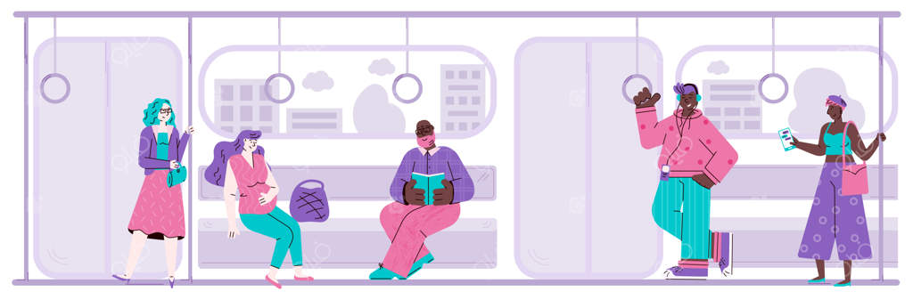 شخصیت‌های کارتونی متنوع در یک قطار مترو - تصویرسازی تخت.