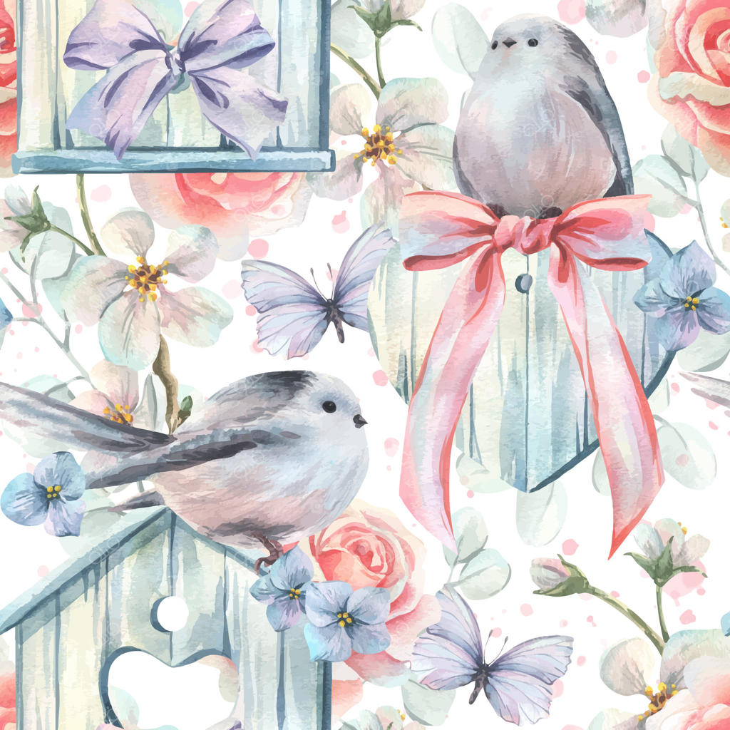 پرندگان مگس‌گیر با لانه چوبی و قلب، با گل‌ها و پاپیون‌ها، و یک پروانه. نقاشی آبرنگی به صورت دستی با رنگ‌های پاستلی ملایم. پترن تکرار شونده بی‌نهایت.