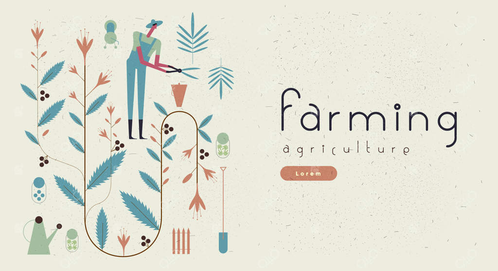 کشاورزی باغی مردم به باغبانی و کشاورزی مشغولند تزئین با گیاهان گل‌دار پوستر نوشتاری تصویرسازی برداری ساده