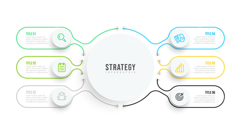 قالب اینفوگرافیک تخت با خطوط ظریف؛ طرح مصورسازی داده‌های تجاری همراه با آیکون و ۶ گزینه یا مرحله.