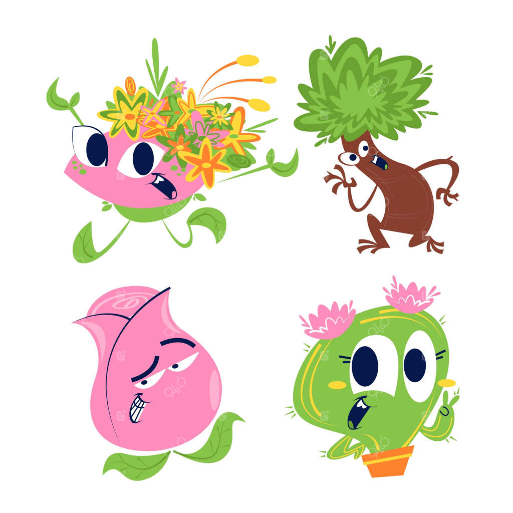 ست برچسب‌های گل‌ها و گیاهان کارتونی نوستالژیک
