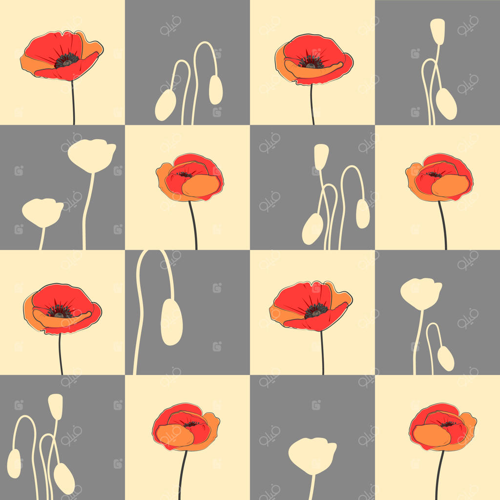 طرح گل‌های شقایق در پس‌زمینه زرد با الگوی چهارخانه خاکستری