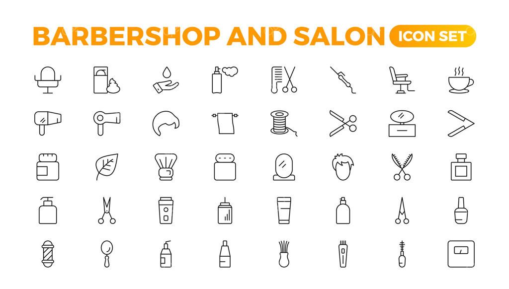 نمادهای آرایشگاه - مجموعه‌ای از وکتورهای ساده و قابل ویرایش. مجموعه‌ای از ابزارهای آرایشگری در سبک هنری. مجموعۀ نمادهای وکتور.