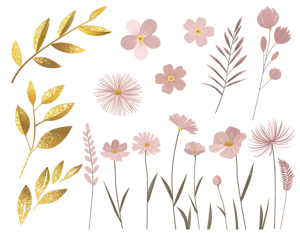 گل‌های صورتی ملایم با برگ‌های طلایی براق. مجموعه گیاهی برای کارت‌های عروسی و تولد. گل‌های وحشی ظریف به رنگ طلایی.