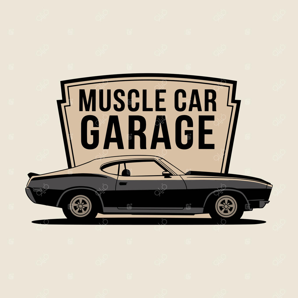 نشان گاراژ ماشین‌های عضلانی با الهام از گذشته: خودرو کلاسیک مشکی با نمای جانبی در برابر زمینه‌ سپر زرد روشن