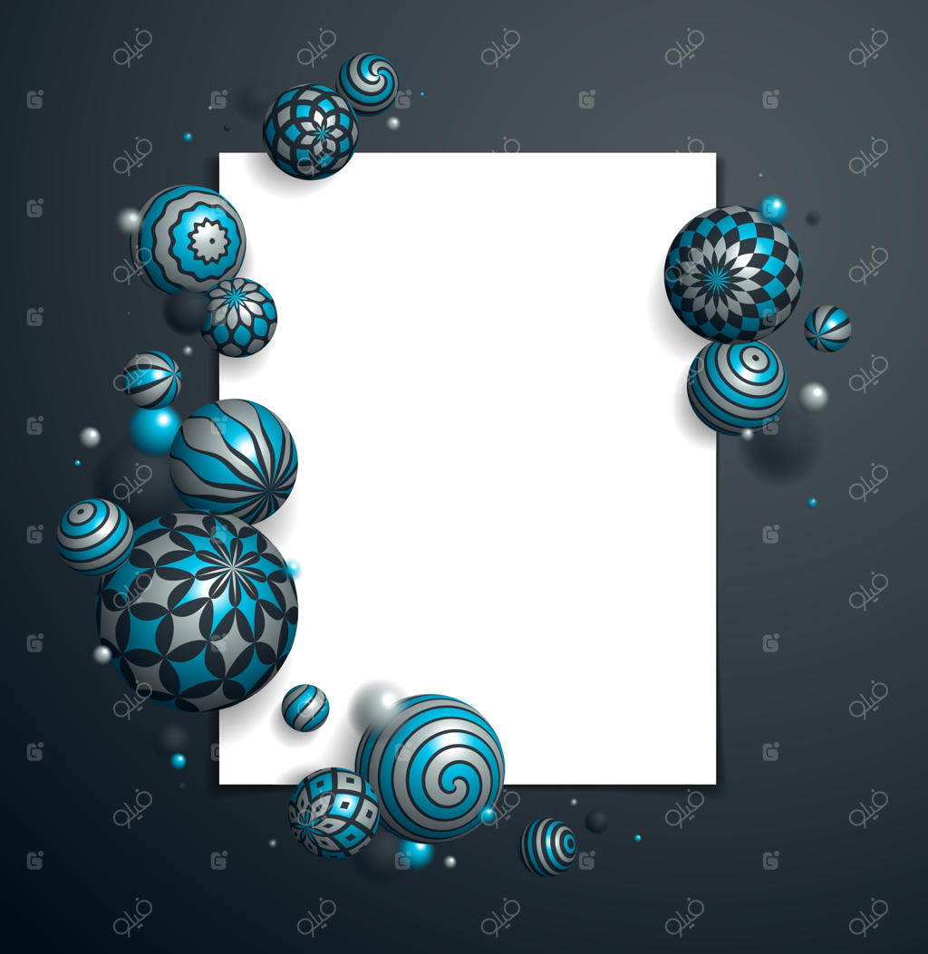 پس‌زمینه وکتور کره‌های انتزاعی با برگه کاغذ خالی، ترکیبی از توپ‌های شناور با الگوهای تزئینی، کره‌های واقعی سه‌بعدی متنوع با آرایش‌ها، اثر عمق میدان.