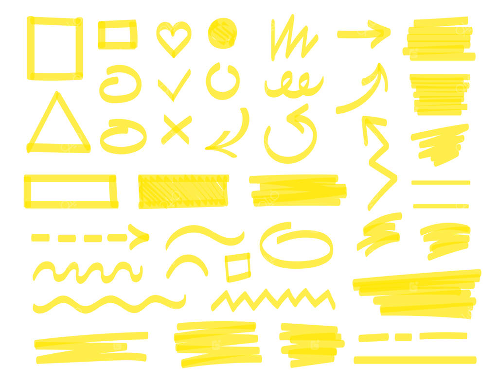 خطوط کشیده شده با ماژیک زرد: تصویر برداری از زیرخط، جهت فلش، ضربدر و تیک با ماژیک هایلایت دائمی بر روی زمینه سفید. مفهوم نقاشی دندانه‌دار.
