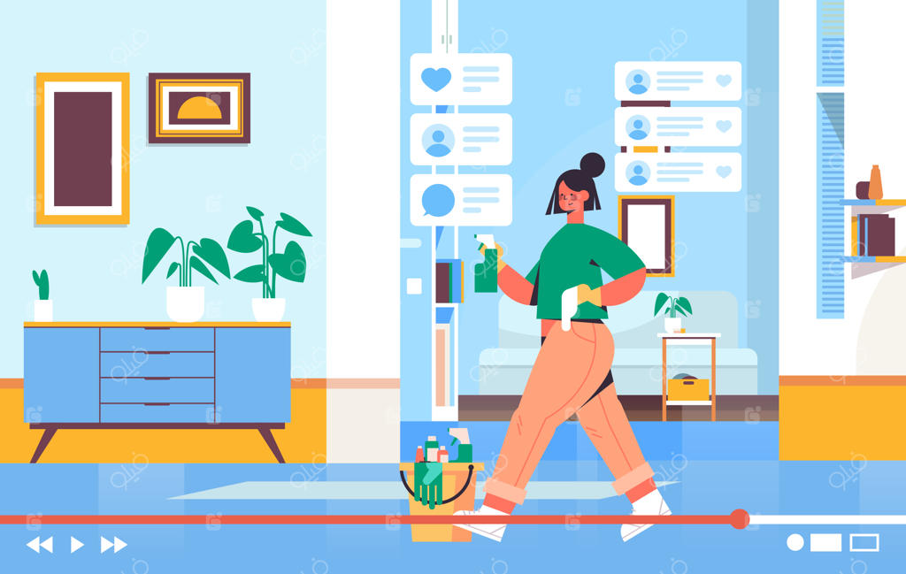 وبلاگ‌نویسی در حال استفاده از اسپری و دستمال: ضبط زنده ویدیو آنلاین - مفهوم وبلاگ‌نویسی - دختری که اتاق را تمیز می‌کند